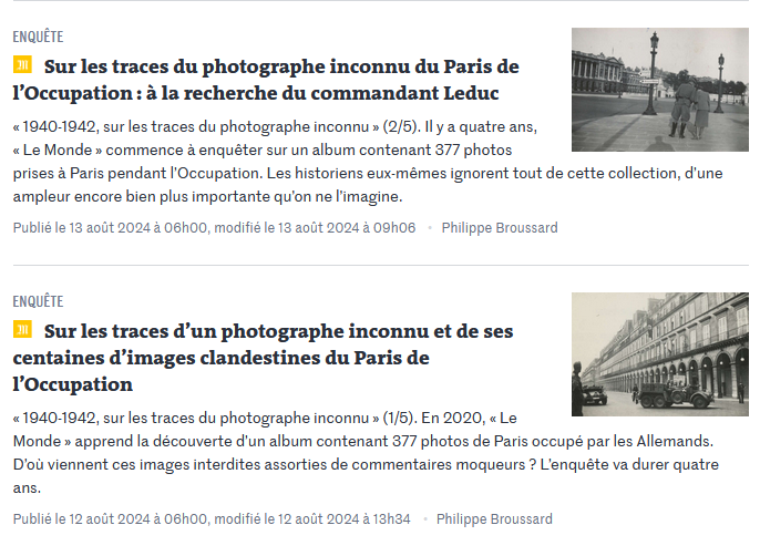 Capture d'écran de deux des articles du Monde de la série "Sur les traces du photographe inconnu du Paris de l'Occupation". 